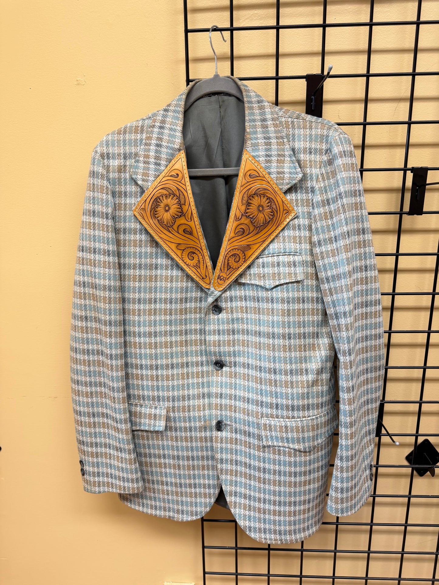 Size Large Suit Jacket with Floral Carved Leather Lapels