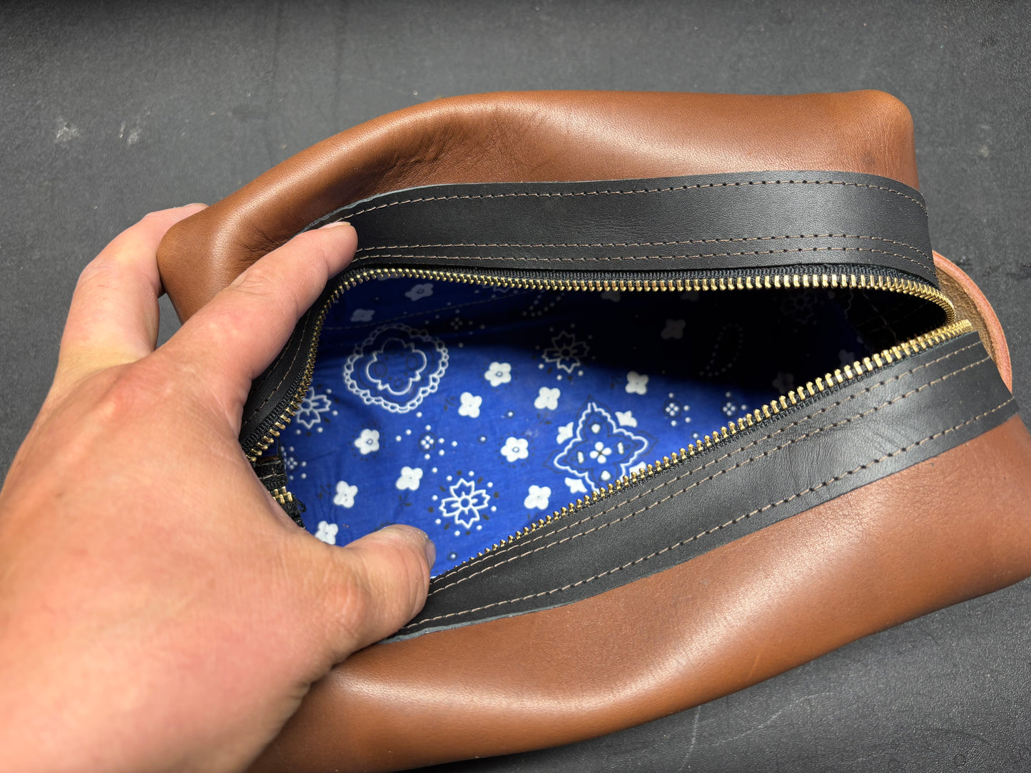 Brown Leather Dopp Kit with Hand Tooled Floral Patch