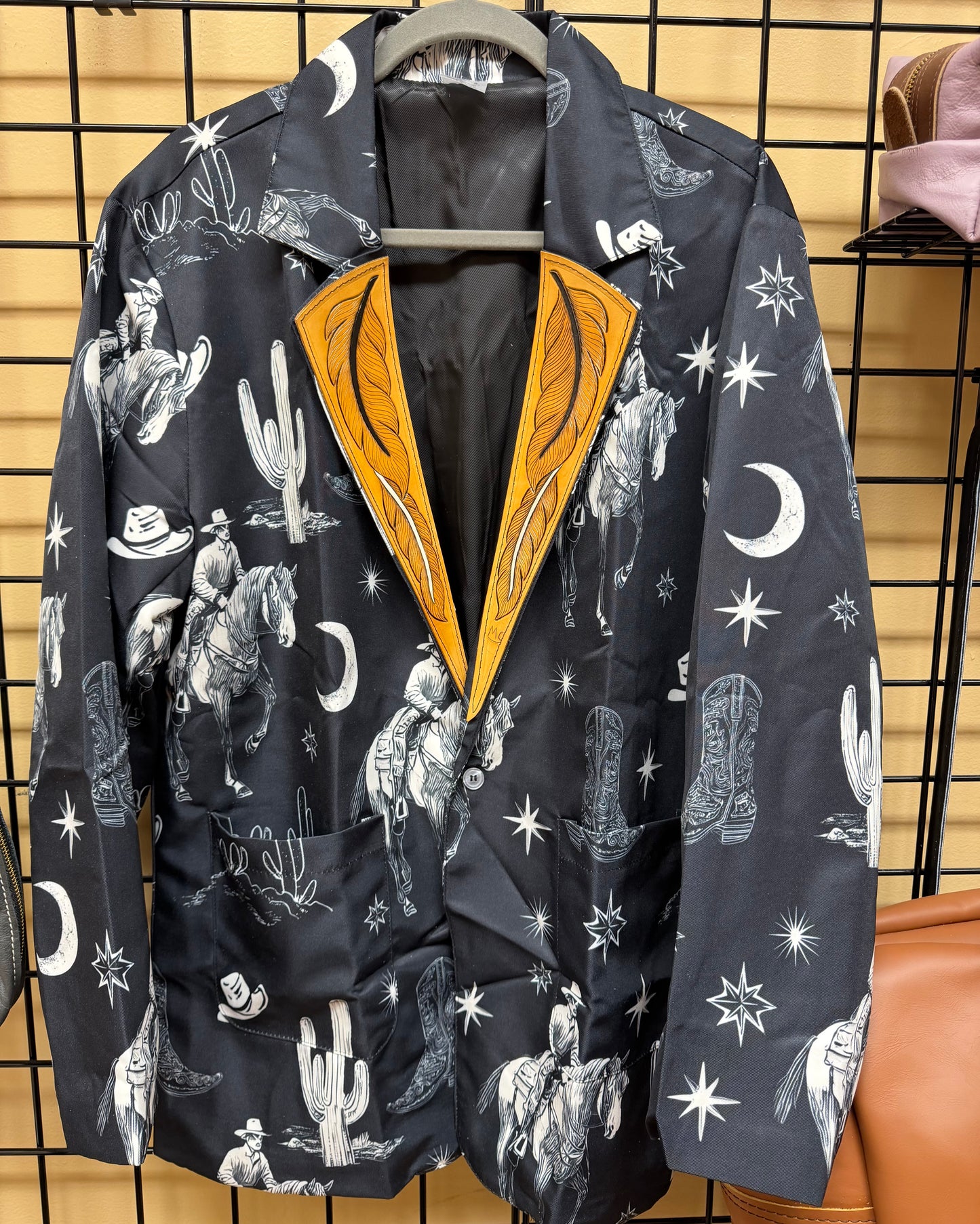 Size Large Suit Jacket with Tooled Feather Leather Lapels