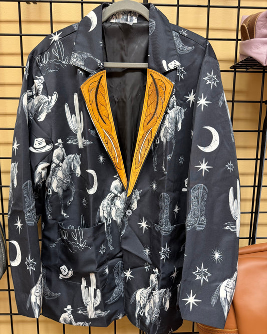 Size Large Suit Jacket with Tooled Feather Leather Lapels