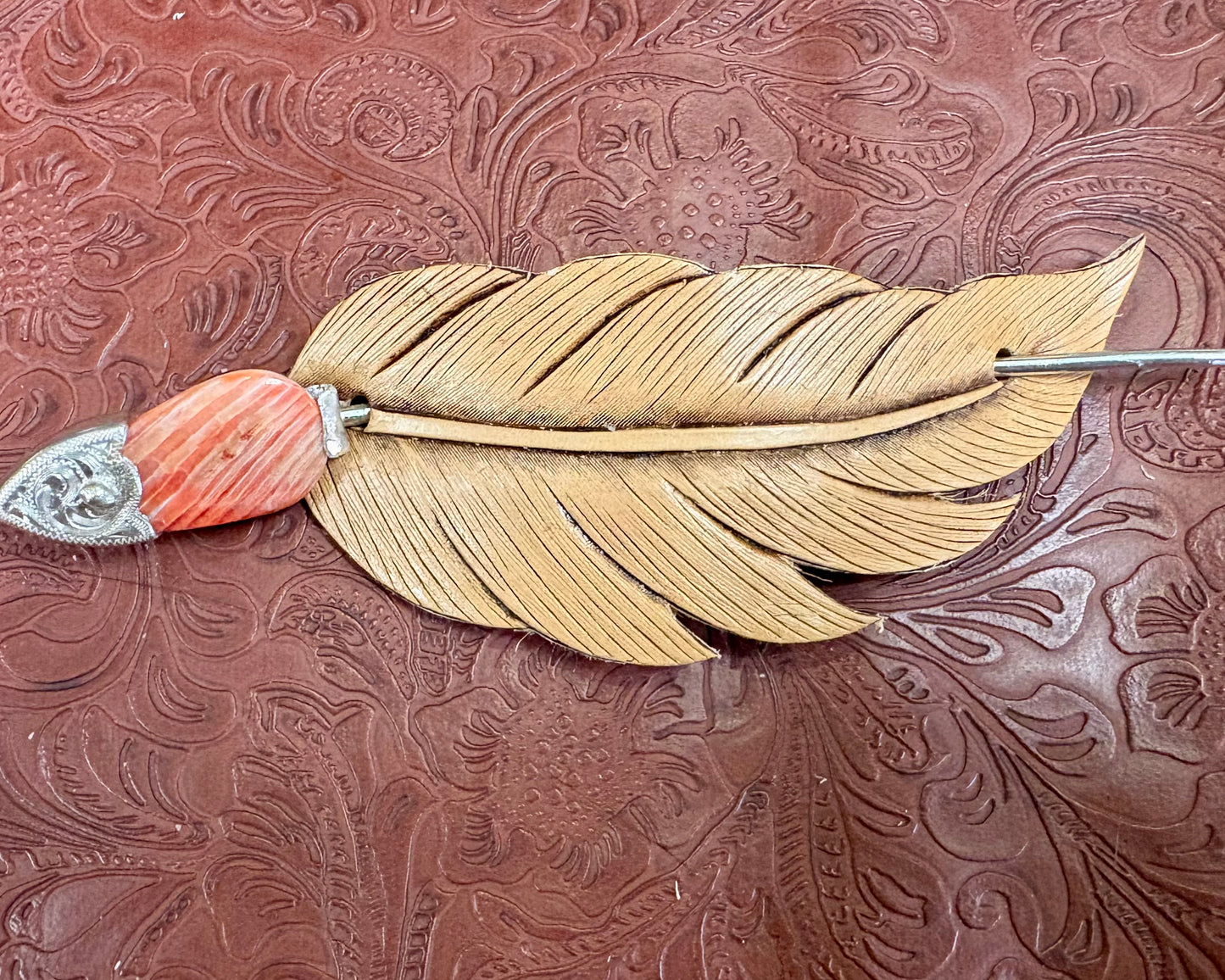 Leather Feather Hair Barrette with Sterling Silver and Spiny Oyster Pin