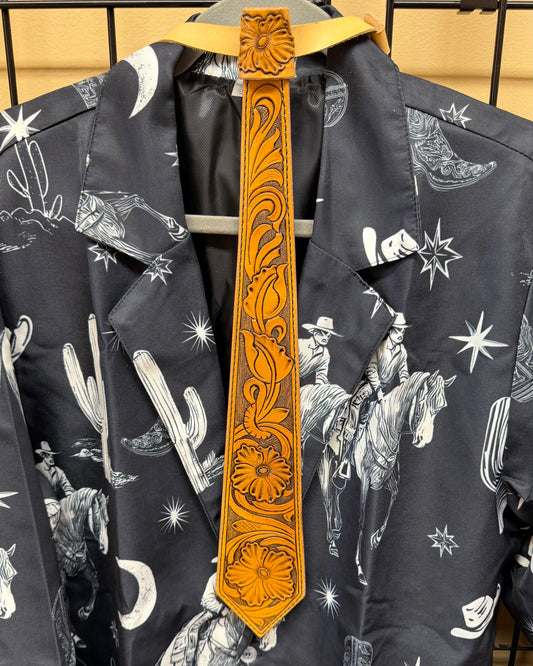 Carved Floral Leather Necktie