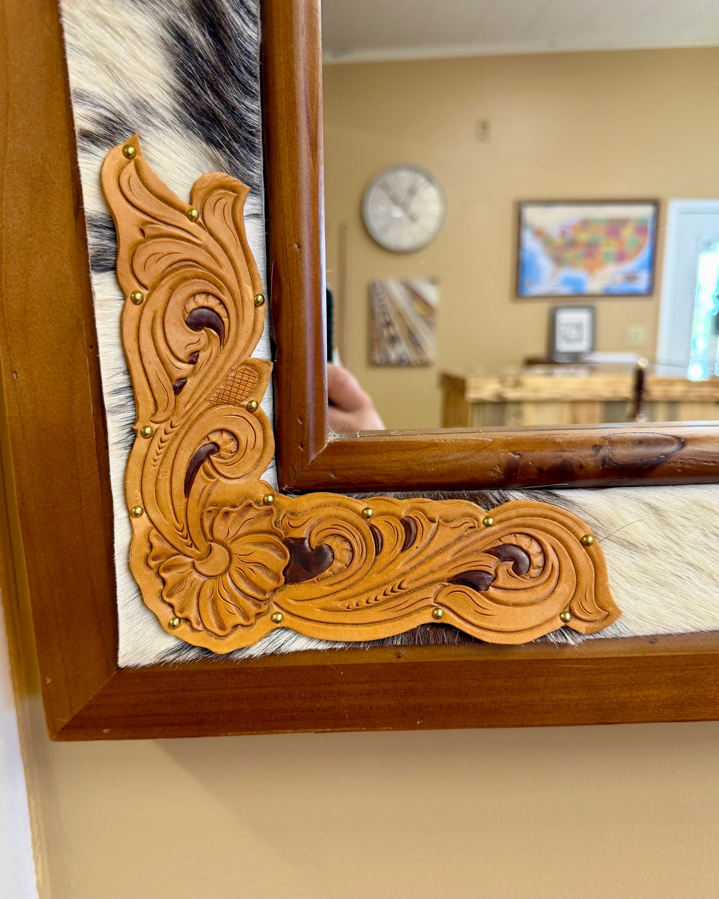 Cowhide & Floral Carved Mirror