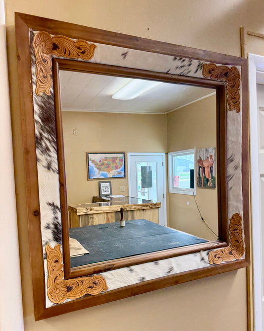 Cowhide & Floral Carved Mirror