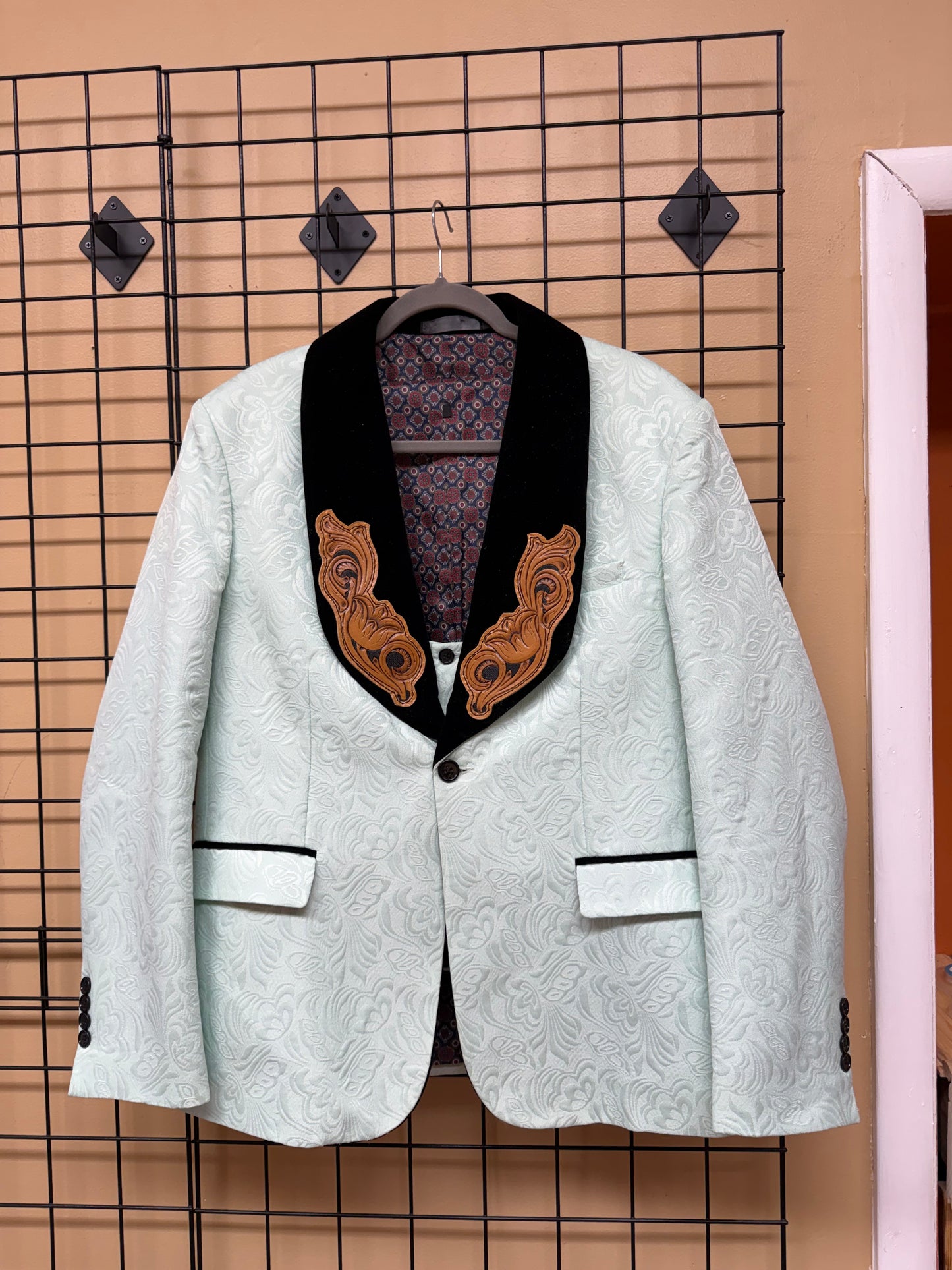 Size Large Suit Jacket with Carved Leather Lapels