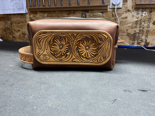 Brown Leather Dopp Kit with Hand Tooled Floral Patch