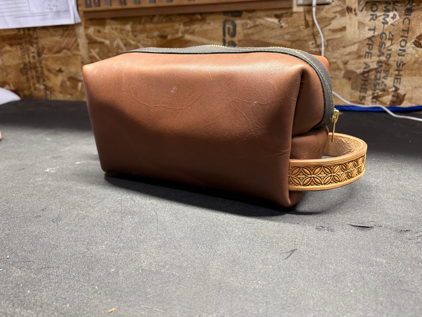 Brown Leather Dopp Kit with Hand Tooled Floral Patch