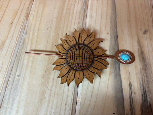 Leather Sunflower Hair Barrette with Coper and Turquoise Pin
