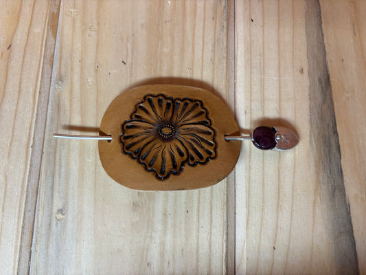 Leather Flower Hair Barrette with Sterling Silver and Purple Spiny Oyster Pin