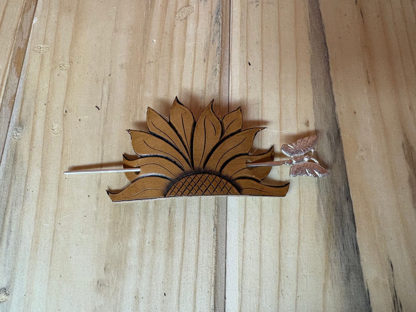 Leather half Sunflower Hair Barrette with Sterling Silver Butterfly Pin