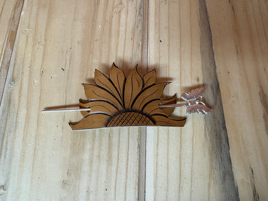 Leather half Sunflower Hair Barrette with Sterling Silver Butterfly Pin