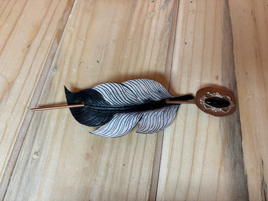 Painted Leather Feather Hair Barrette with Coper and Black Stone Pin