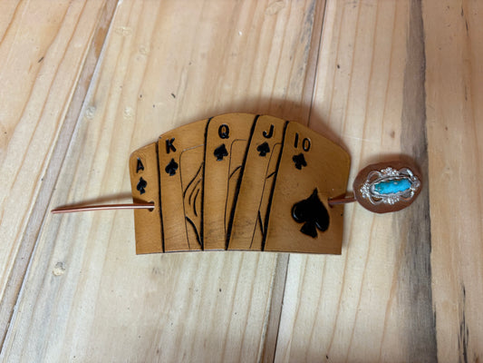 Leather Spade Cards Hair Barrette with Coper and Turquoise Pin