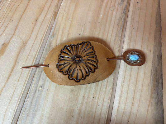 Leather Flower Hair Barrette with Coper and Turquoise Pin
