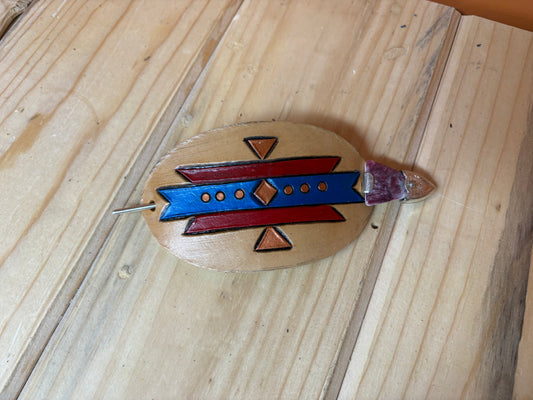 Painted Leather Aztec Hair Barrette with Sterling Silver and Purple Spiny Oyster Pin